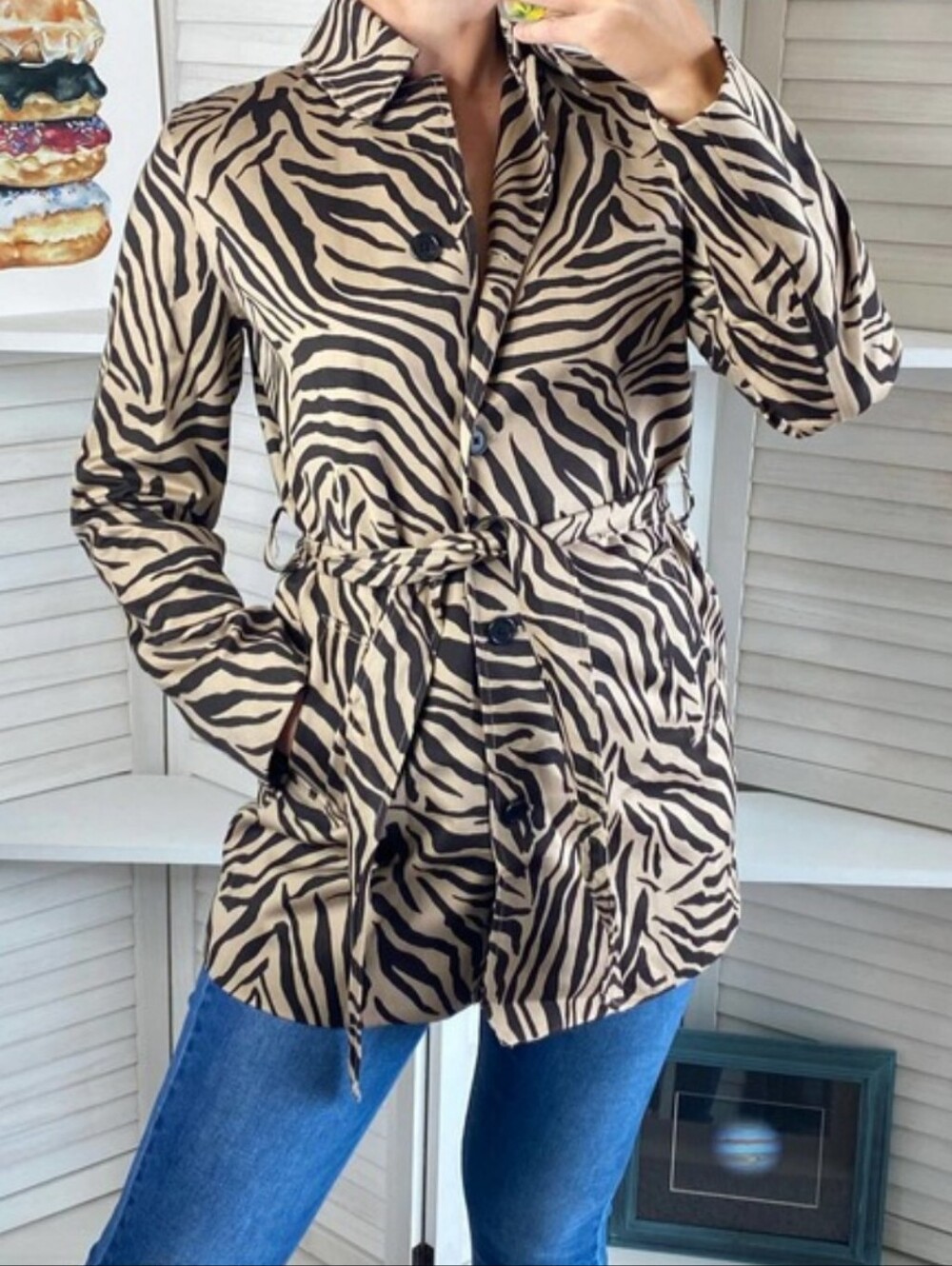 Chaps brown/Tan zebra print trench coat, Large